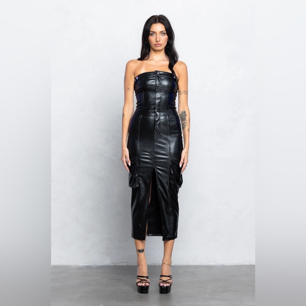 CARGO TUBE FAUX LEATHER MIDI DRESS
